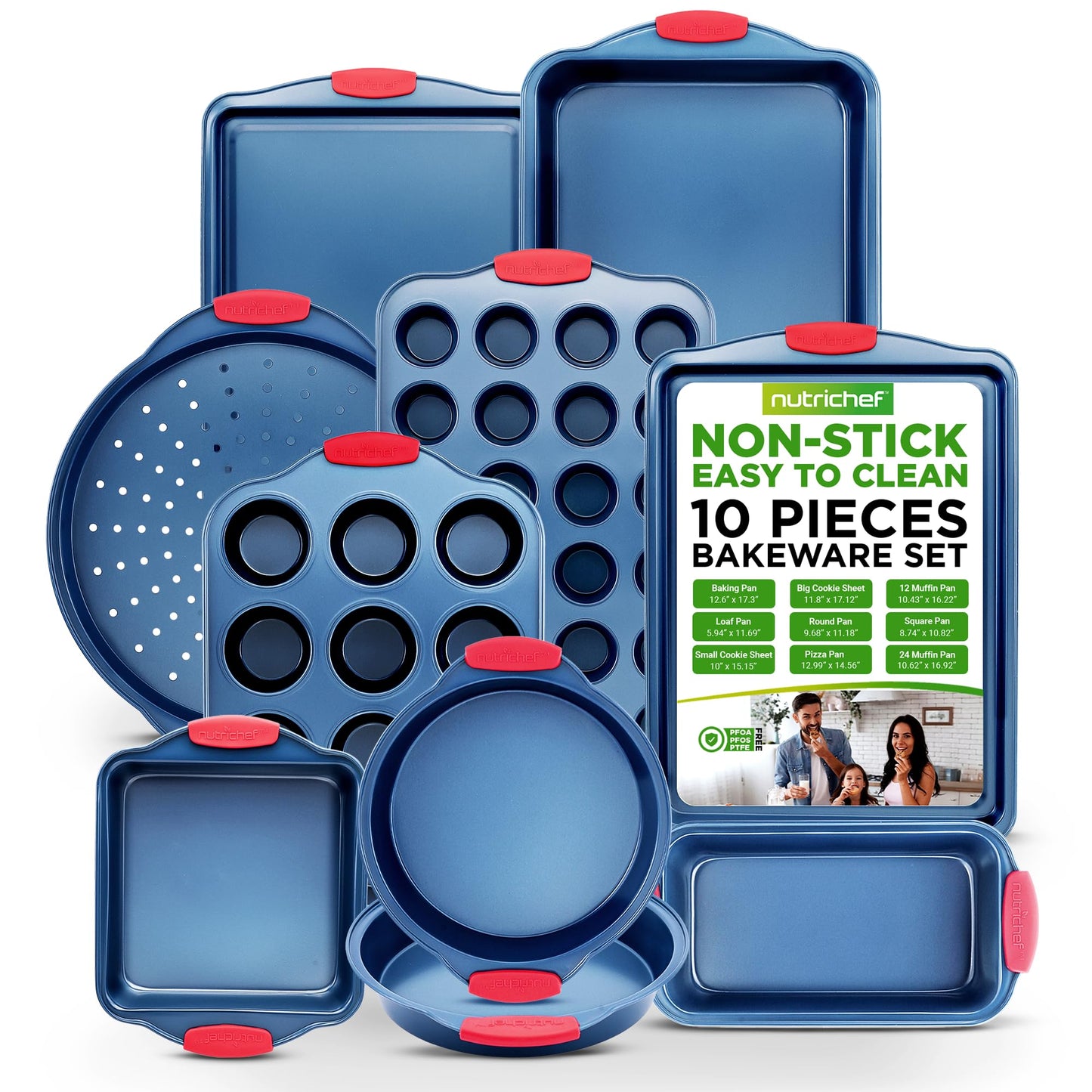 NutriChef 3-Piece Nonstick Cookie Sheets for Baking - Premium Carbon Steel Baking Trays w/ Non-Stick Smooth Coating & Silicone Handles - Large, Medium, & Small Bakeware - Blue