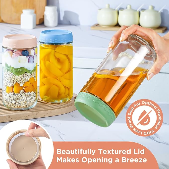 DRKIO 24 Oz Overnight Oats Containers with Lids - 6 Pack Glass Storage Jars with Airtight Lids Wide Mouth Mason Food Jars Great for Meal Prep Salad Chia Pudding Snacks Yogurt Sugar Spice Cereal