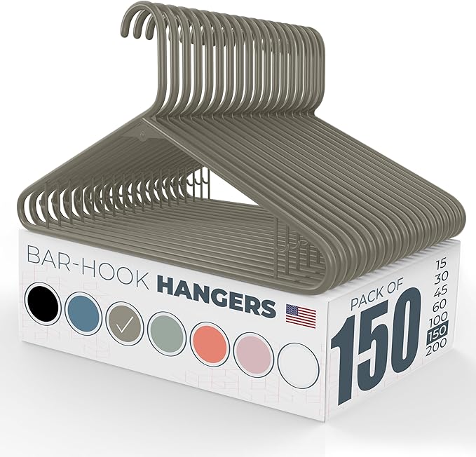 Neaties Plastic Hangers 100+ Pack (150 Count) – Made in The USA – 6lb Capacity Standard Clothes Hangers with Strap Hooks for Dresses, Lingerie, Shirts, Pants, and Jackets – Gray