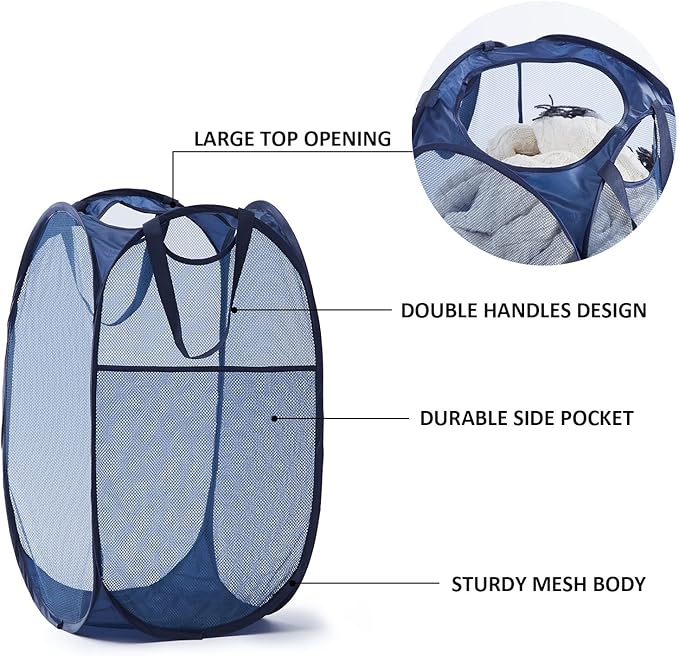 TECHMILLY Collapsible Mesh Pop Up Laundry Hamper with Sturdy Handles and Side Pocket - Portable Foldable Clothes Baskets for Dorm, Bathroom & Travel Storage (Blue, 3 Packs)
