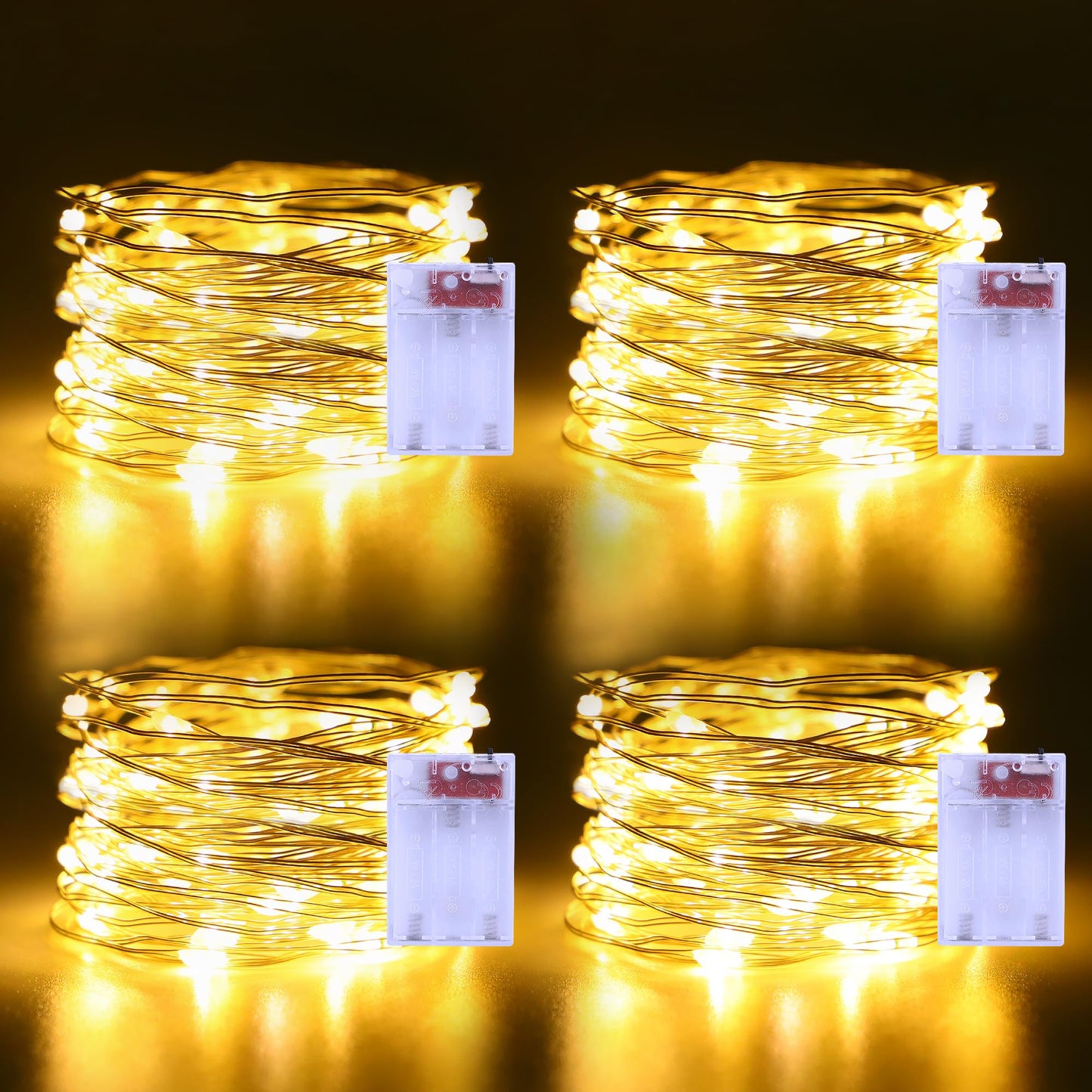 4 Pack Christmas Fairy Lights Battery Operated 16.4Ft 50 LEDs Silver Copper Wire Twinkle Lights with 2 Lighting Modes for Indoor Outdoor Wedding Holiday Yard Decorations (Warm White)