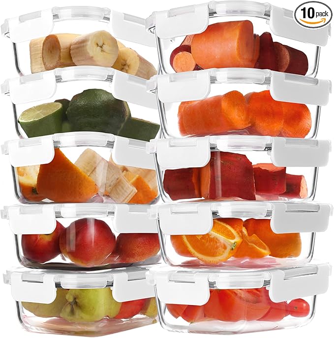 BAYZZ 10 Pack 22 oz Glass Meal Prep Containers, Glass Food Storage Containers with Airtight Lids, BPA-Free, Freezer and Microwave Safe