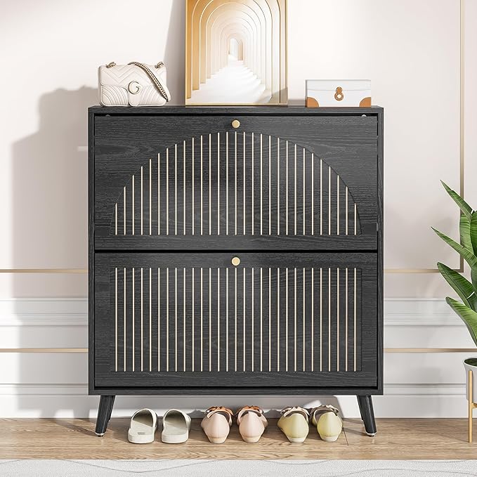 Shoe Storage Cabinet for Entryway with 2 Flip Drawers, Narrow Wood Shoe Cabinet with Fluted Panel, Freestanding Hidden Shoe Organizer for Foyer, Hallway (Black - No Shelf)