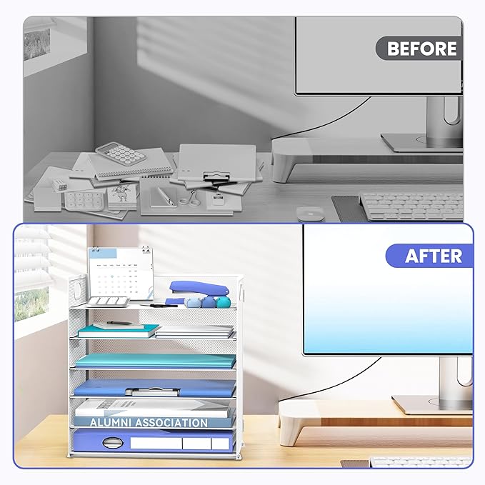 Daltack 6 Tier Paper Organizer for Desk, Paper Letter Tray Organizer for Desks, Mesh Desk File Organizers with Handle for Office, Home, School, White, 2 Pack