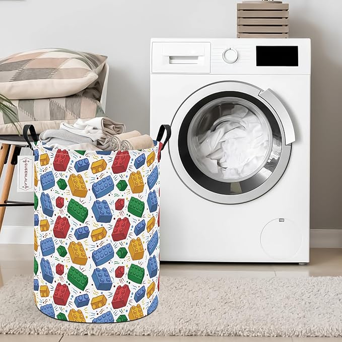 QUEENLALA Large Storage Basket,Laundry Hamper/Bathroom/Home Decor/Collapsible Round Storage Bin,Boys and Girls Hamper/Boxes/Clothing(Round-Blocks)