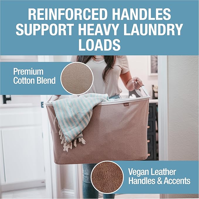 CleverMade Collapsible Laundry Basket LUXE 2 Pack – 60L (16 Gal) Foldable Cotton Blend Clothes Hamper with Vegan Leather Accents, Reinforced Handles, Space Saving Laundry Bin Holds 55 lbs - Mocha