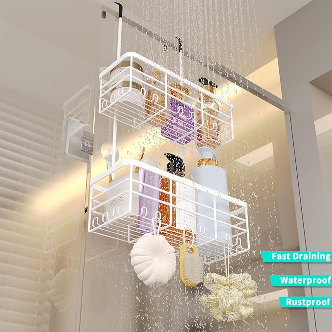 HapiRm Hanging Shower Caddy Organizer - No Drilling Shower Organizer with Hooks, Rustproof & Waterproof 304 Stainless Steel Bathroom Shelves - White