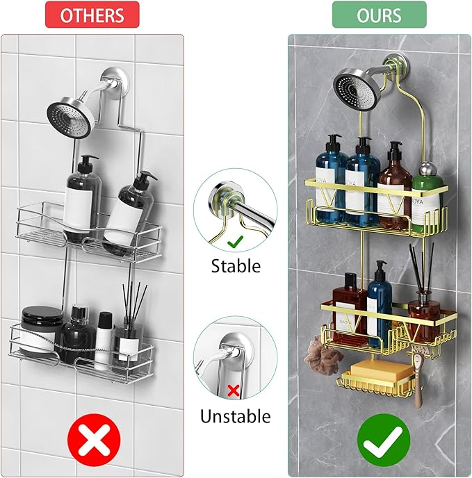 Golden Stainless Steel Shower Caddy Hanging with 2-Tier Baskets, Soap Holder & Razor Holder - Non-Slip Rubber Pads for 0.82" Shower Heads, Enhanced Stability & Elegant V-Smile Design