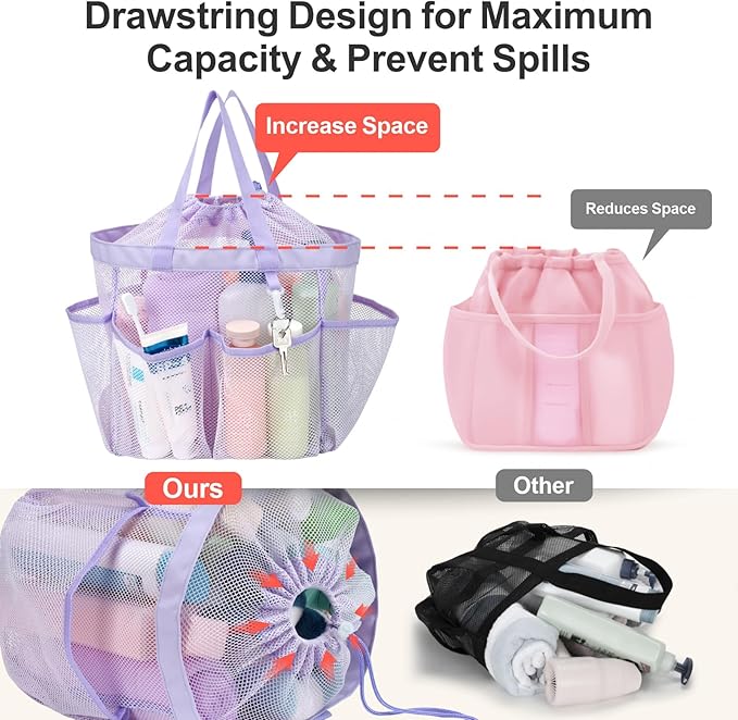 F-color Mesh Shower Caddy Portable with Drawstring - Large 8 Pockets Dorm Room Essentials for Guys Girls with S Hook, Shower Bag Basket Tote for College Camping Gym Travel Toiletry Bathroom, Purple