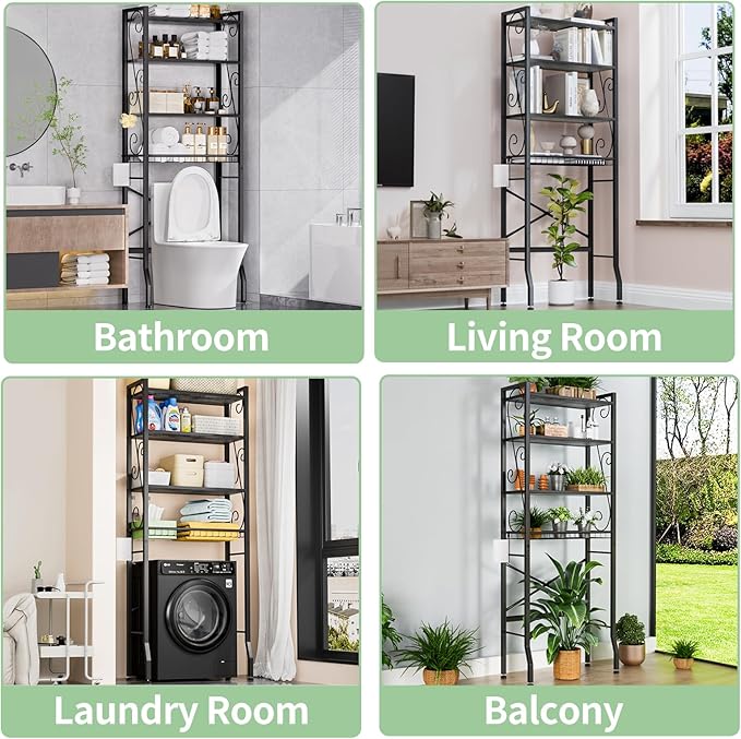 Over-The-Toilet Storage Rack 4-Tier,Bathroom Organizer Shelf Over Toilet,Adjustable Wooden Shelves and Basket,Freestanding Above Toilet Shelf,Space Saver for Rooms(Black Rack-Black Shelves)