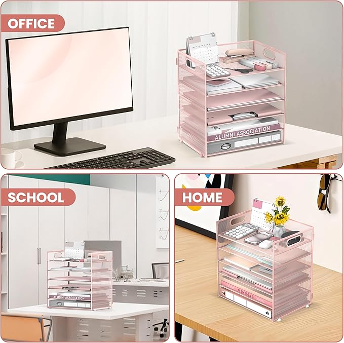 Daltack 6 Tier Paper Organizer for Desk, Paper Letter Tray Organizer for Desks, Mesh Desk File Organizers with Handle for Office, Home, School, Pink