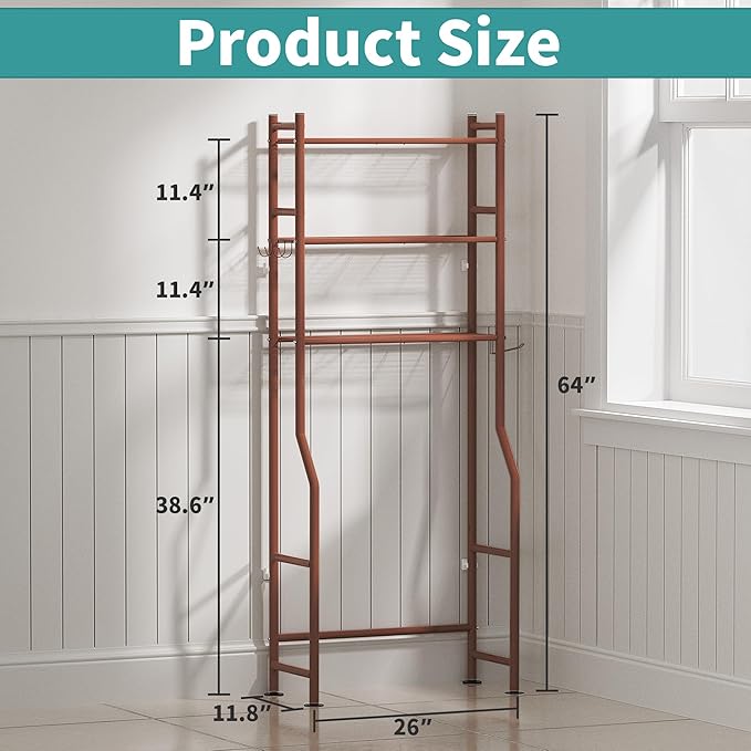 3-Tier Over The Toilet Storage with Paper Holder, Metal Bathroom Organizers and Storage for Small Space, Freestanding Bathroom Shelves with 4 Hooks, Above The Toilet Storage Shelf (Bronze)