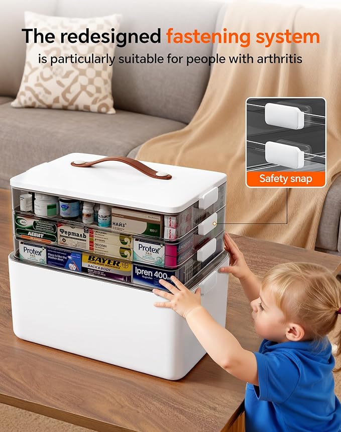4-Tier Medicine Cabinet Organizer with Leather Handle, Empty Plastic First Aid Kit, Multipurpose Storage Box with A Portable Weekly Pill Organizer for Family Emergencies, Home