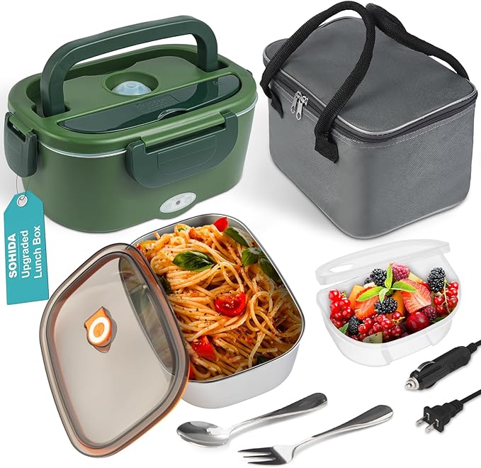2025 Upgraded 80W Heated Lunch Box with Insulated Bag, 1.5L SS Container with Lid & 0.45L Fruit Box Electric Lunch Box for Adults, 12V/24V/110V Portable Food Warmer for Home/Car/Truck (Green)
