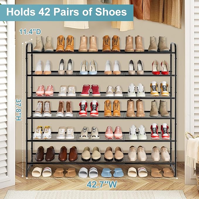 AOODA Long 6 Tier Metal Shoe Rack for Closet Wide Stackable Shoe Storage Organizer for Entryway, Bedroom, Floor, 42-Pairs Men Sneakers Shoe Shelf with Wire Grid, Black