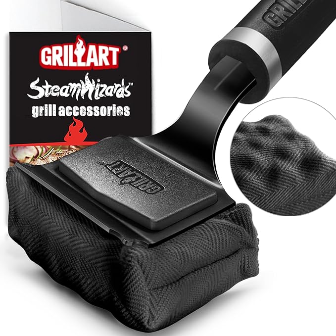 GRILLART Grill Brush Bristle Free Safe Steam Cleaning Tool, Replaceable Head for Any Grate Type - 17” Long Handle w/One-Fit-All Scraper - BBQ Accessories Cleaner for Outdoor Grill - Gifts for Men/Dad