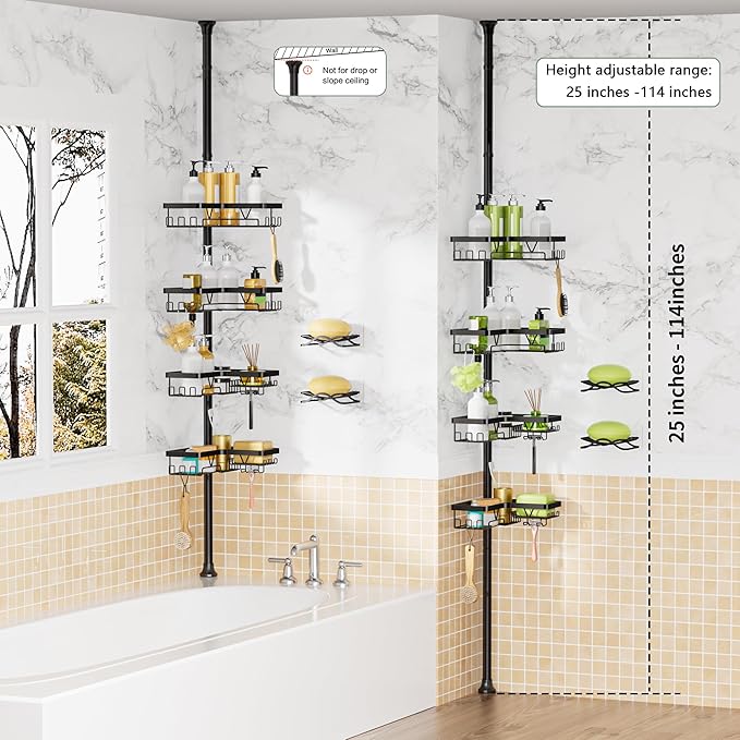 Corner Shower Caddy + 2 Soap Holders, 4 Tier Shower Caddy Tension Pole Stainless Steel Black, Extends 25-114.2 Inches, for Bathroom Organizers and Storage, Renter-Friendly and Gift Idea