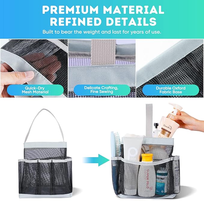 EUDELE Mesh Shower Caddy Portable for College Dorm Room Essentials, 8-Pocket Large Capacity Shower Bag for Beach, Swimming, Gym Pack