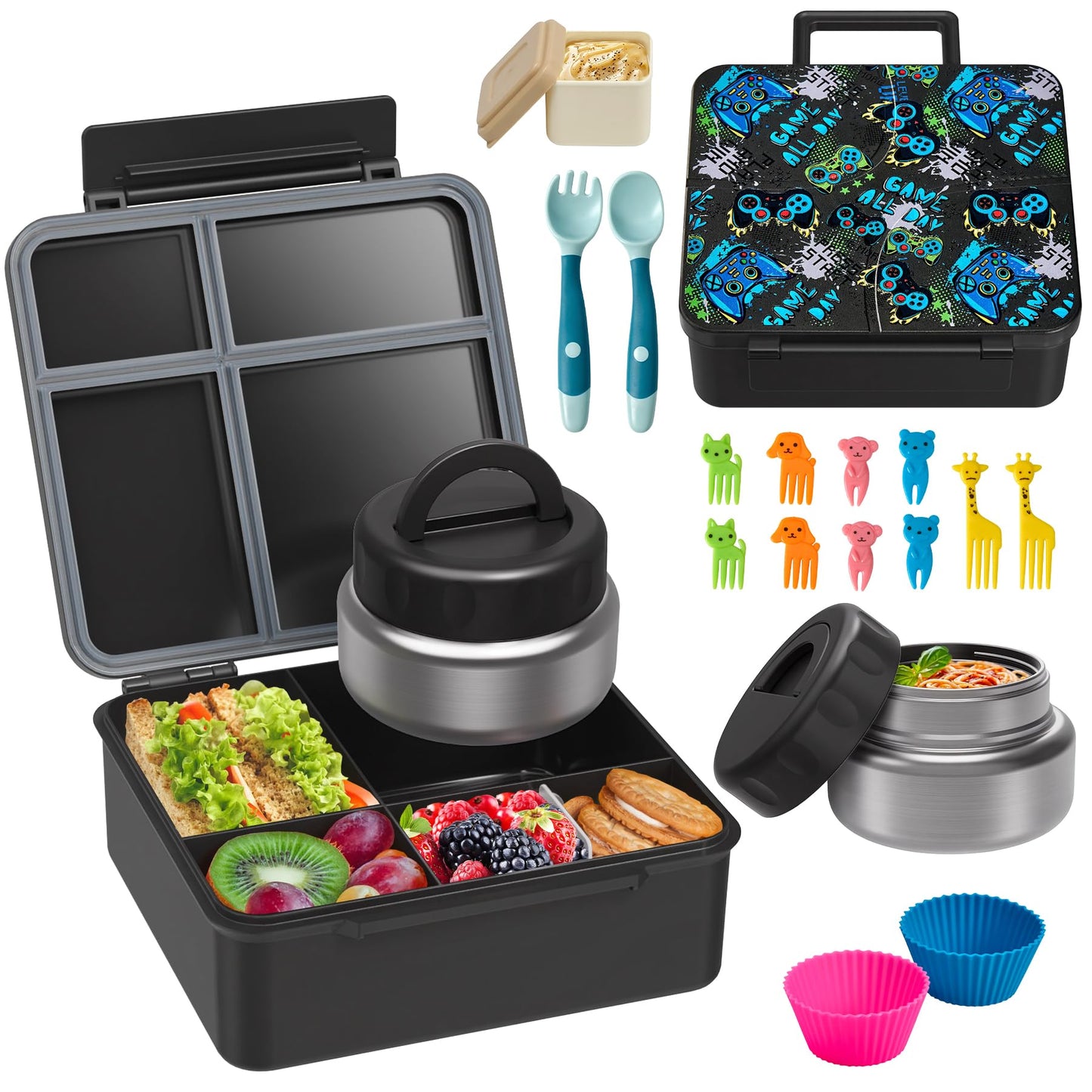 Bento Lunch Box with 9.5 oz Soup Thermo, Kids Leakproof 4 Compartments Bento Box with Silicone Cupcake,Fruit Fork,Spoon and Sauce Cup,Insulated Food Jar for School Travel-Blue