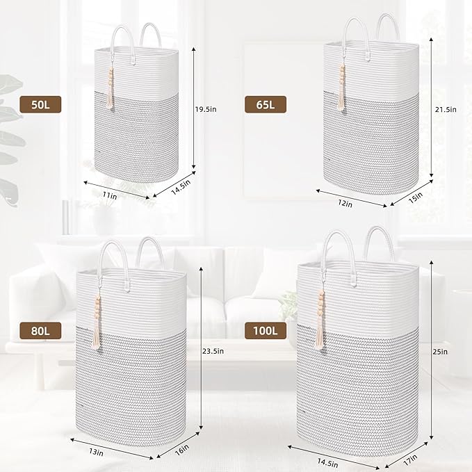 Woven Laundry Basket for Clothes, 100 L Large Rectangle Laundry Hampers with Beads Tassel, Nursery Storage Basket for Toys, Tall Dirty Clothes Hamper for Bedroom Aesthetic, Laundry Room Organization
