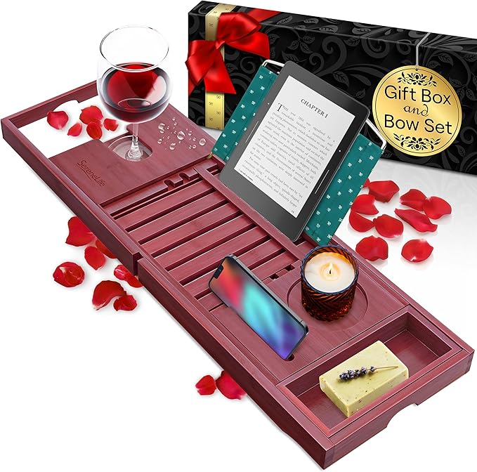 SereneLife Premium Bathtub Tray Caddy with Gift Box and Bow Set, Expandable Bath Tray, Unique House Warming Gifts for Mom, Women, Wedding, Anniversary, Bridal Shower, Fit for All Tub - Stain Brown