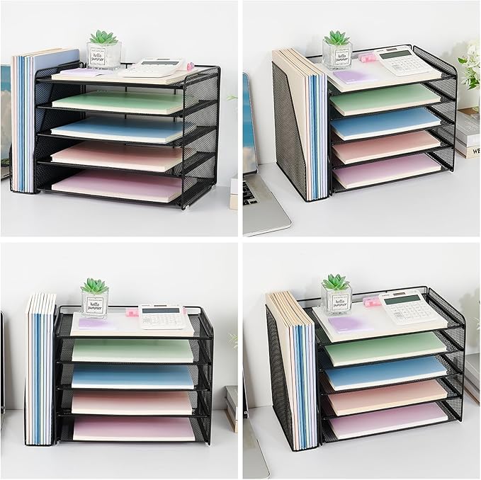 OPNICE Desk Organizer, 5-Tier Paper Organizer Letter Tray with Magazine Holder, Office Desk Accessories & Workspace Organizers, Desktop File Organizer for Office Supplies Storage, Black