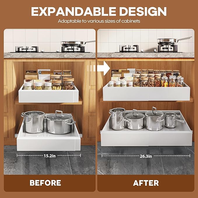 2 Pack Expandable Pull Out Cabinet Organizer 21"Deep With Raising Pad for Framed Cabinets,Upgrade 3 Slide Rails Slide Out Drawers,Roll Out Shelves Adhesive,Adjustable Width 15.15"-26.3" White
