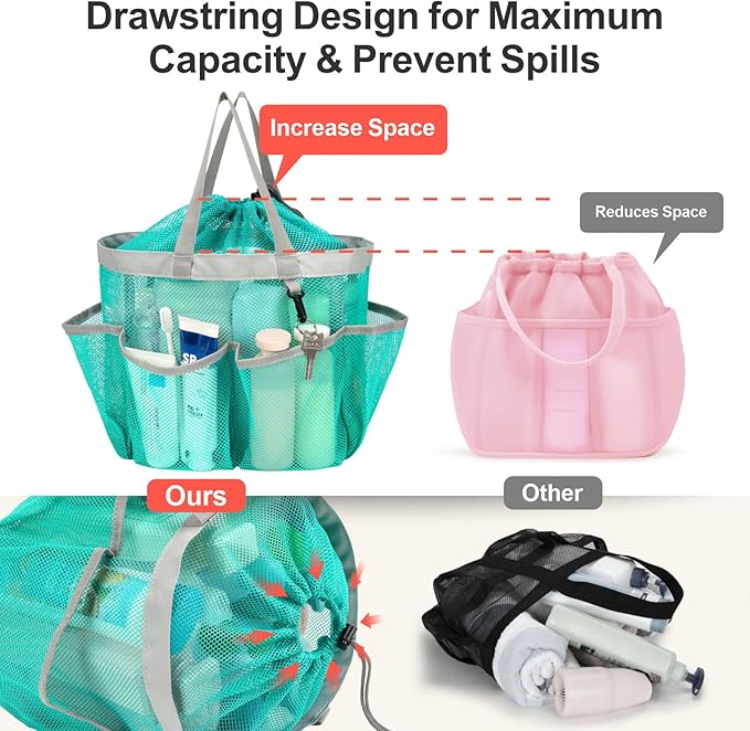 F-color Mesh Shower Caddy Portable with Drawstring - Large 8 Pockets Dorm Room Essentials for Guys Girls with S Hook, Shower Bag Basket Tote for College Camping Gym Travel Bathroom, Mint Green