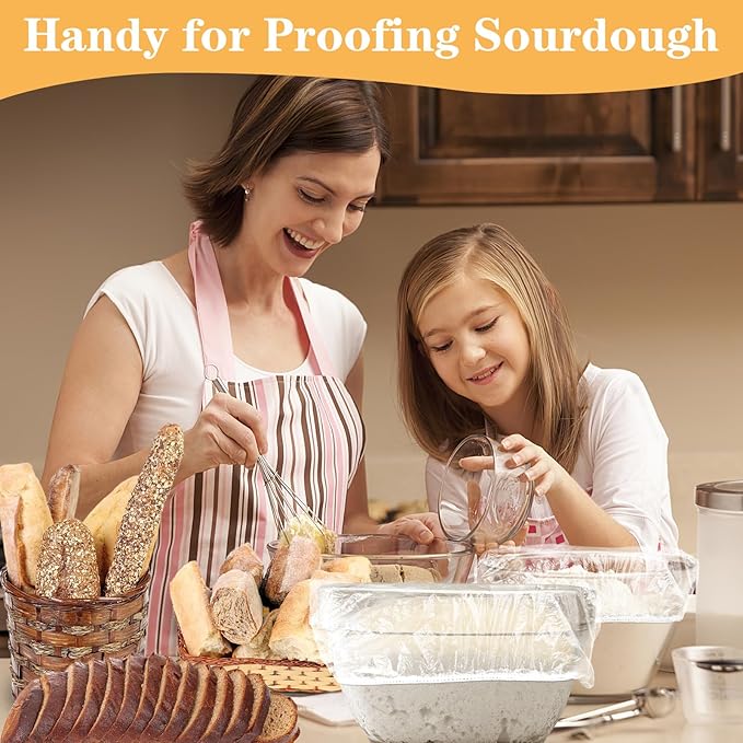 Plastic Shower Caps for Sourdough Bread, 200 Pcs Bowl Covers for Bread Proofing, Food Covers Stretch Reusable Elastic, Keep Food Fresh and Dust Away (Clear, L-14 inches)