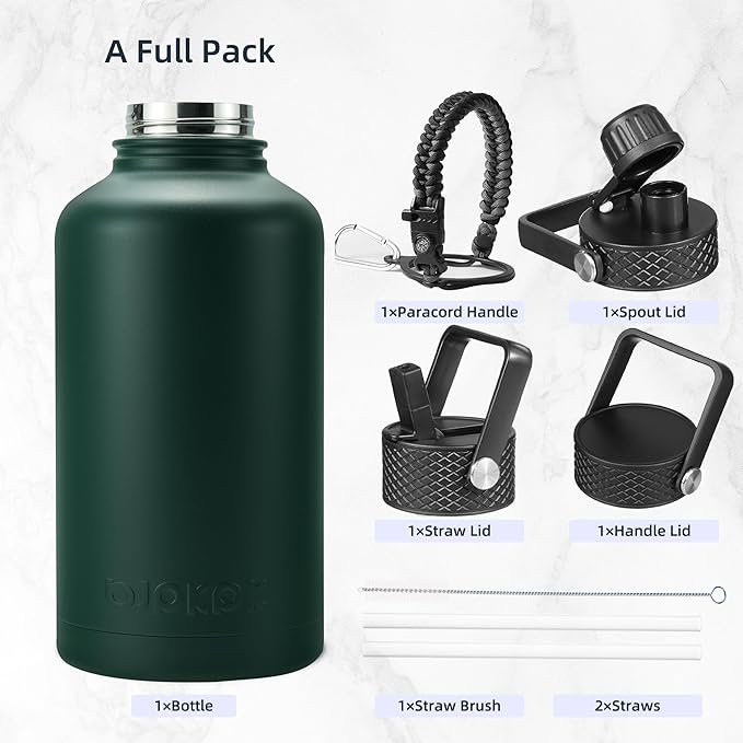 BJPKPK Half Gallon Insulated Water Bottles with Straw Lid, 64oz Large Water Jug, Stainless Steel Bottles with 3 Lids and Paracord Handle, Thermo for Hot & Cold Liquid, Army Green