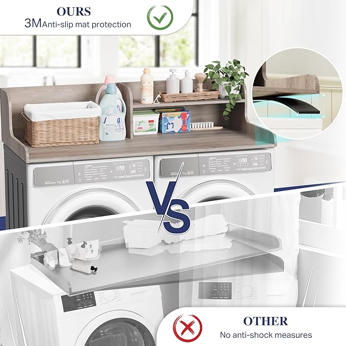 DTK Washer Dryer Wood Countertop with Shelf, Laundry Topper with Non-Slip Mat,27.55" Depth x 54" Width Dryer Covers for The Top with Edge Rails (Rural)