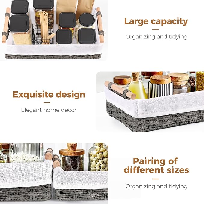 HomeHacks 2 Pack Storage Basket Paper Rope Baskets for Organizing with Handle Decorative Storage Bins for Countertop Toilet Paper Basket for Toilet Tank Top Large Baskets, Grey