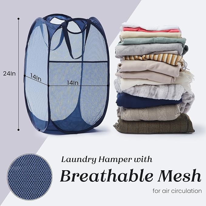 TECHMILLY Collapsible Mesh Pop Up Laundry Hamper with Sturdy Handles and Side Pocket - Portable Foldable Clothes Baskets for Dorm, Bathroom & Travel Storage (Blue, 2 Packs)