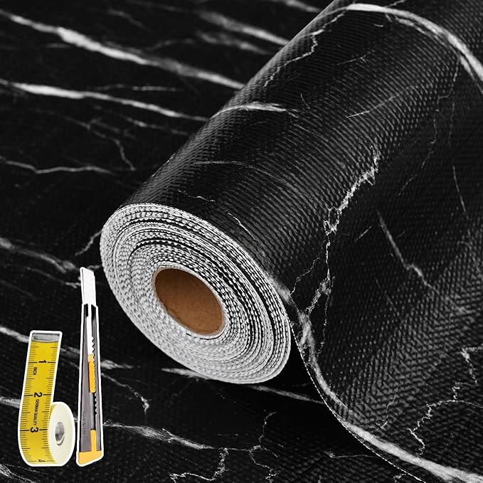 Drawer and Shelf Liner for Kitchen Cabinet: 23 in X 20 Ft Non Slip Waterproof Shelf Paper Non Adhesive Refrigerator Liners Black Marble Easy Liners for Bathroom with Knife Tape Measure