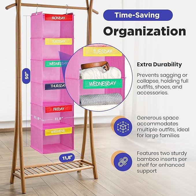 Handy Laundry Hanging Clothes Organizer for Kids - 6-Shelf Closet Daily Clothing Organization Labeled Shelves with Days of The Week Monday Through Friday, Weekday and Weekend (Pink)