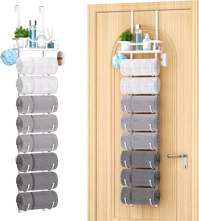 SWTYMIKI Over The Door Towel Rack - 9 Tier Towel Racks for Bathroom Wall Mounted, Towel Holder with Shelf, Hanging Rolled Towel Storage Organizer for Small Bathroom, Camper, RV, White