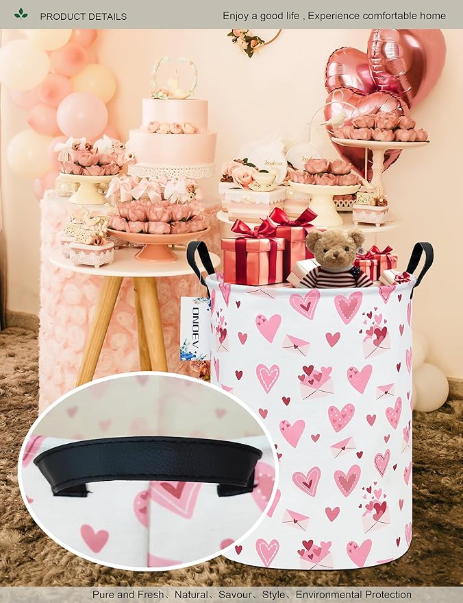 Round waterproof laundry basket,laundry Hampers with handle,gift basket,suitable for children's room and toy storage (Pink Love)