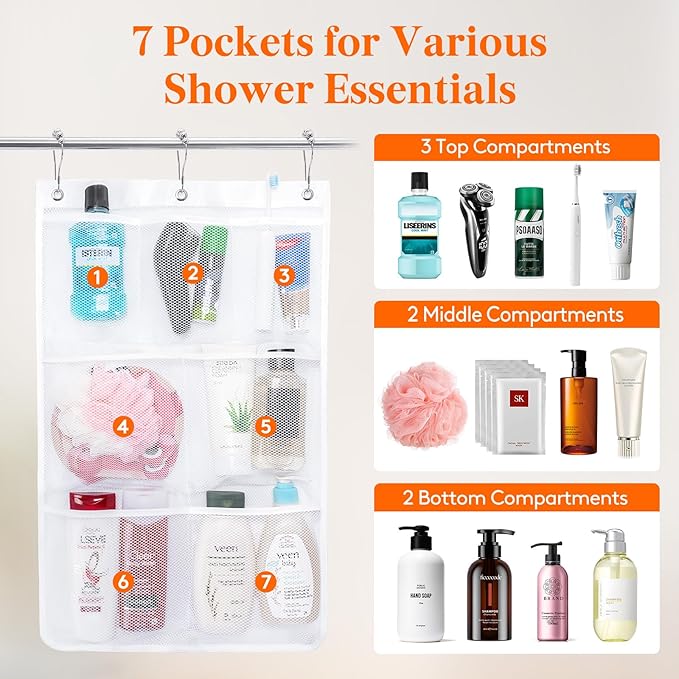Lifewit Mesh Shower Caddy, 7 Pockets Hanging Shower Organizer with Quick Drying Mesh, Portable Space Saving Bathroom Organizer to Hold Soap, Shampoo and Cruise Ship Essentials, White, 1 Pack