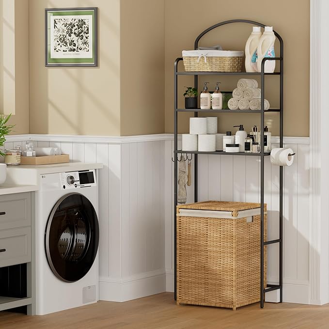 3-Tier Over The Toilet Storage, Bathroom Organizer, Space-Saving, Above Toilet Storage Rack with 4 Hooks and Paper Holder, Metal Shelf, Black