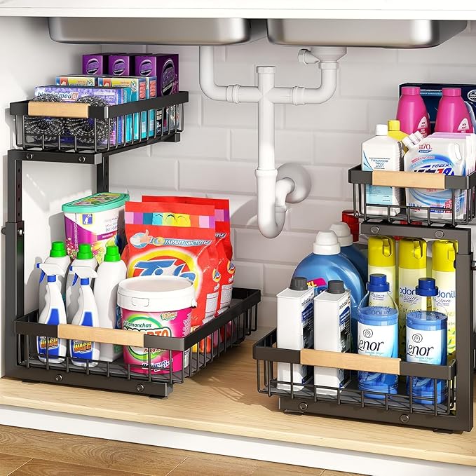PXRACK Under Sink Organizer, Adjustable Height, 2-Pack 2 Tier Pull Out Under Cabinet Organizer, Slide Out Thickened Metal Under Sink Storage for Kitchen Bathroom Laundry Pantry Cabinet, S, Black