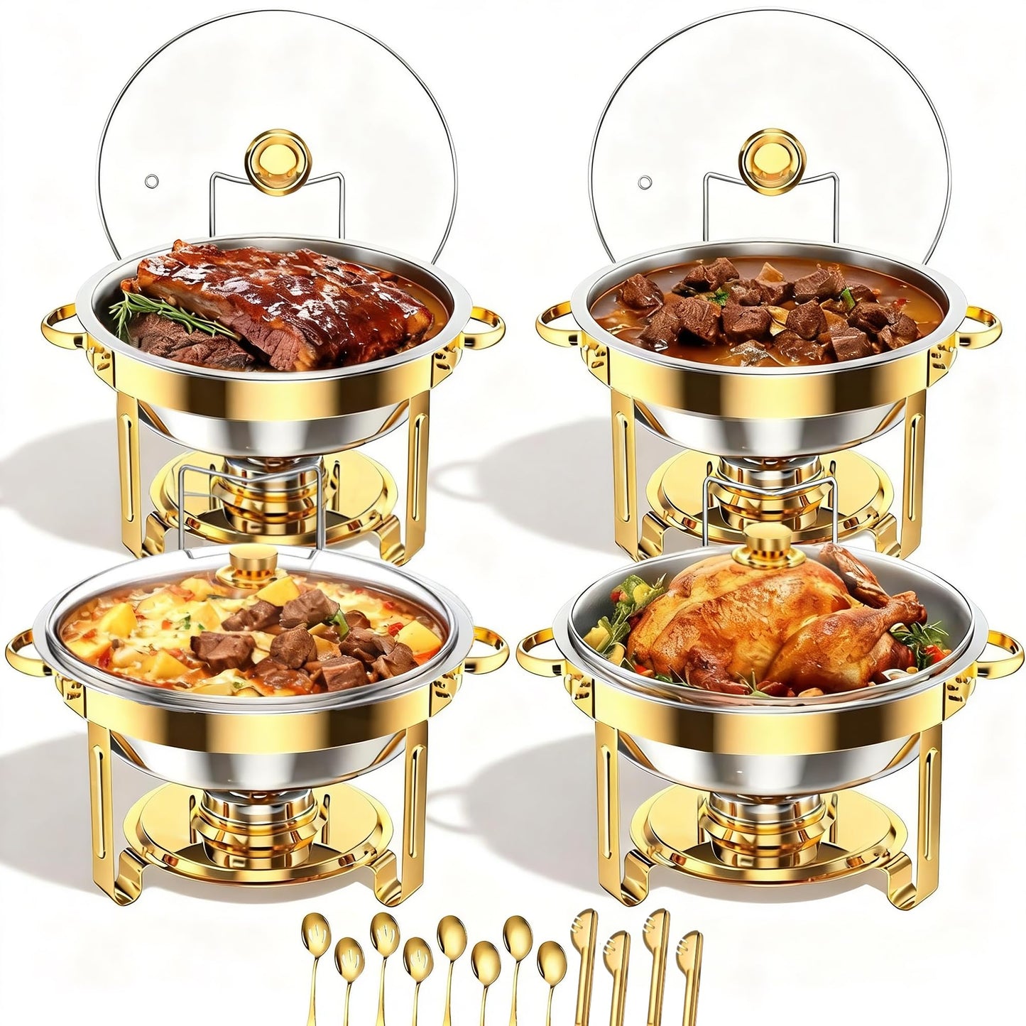 EffiQ-Rate 5QT Round Chafing Dishes for Buffet, Gold, 4 Pack