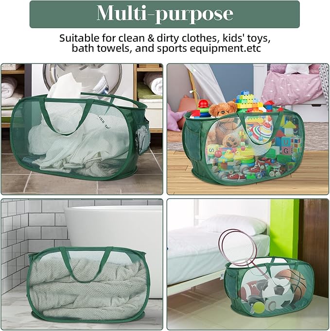 Sturdy Mesh Pop Up Laundry Hamper, Collapsible Laundry Baskets with Side Pocket, Foldable Clothes Hamper with Reinforced Carry Handles for Laundry, Bathroom, Kids Room, Dorm or Travel Emerald