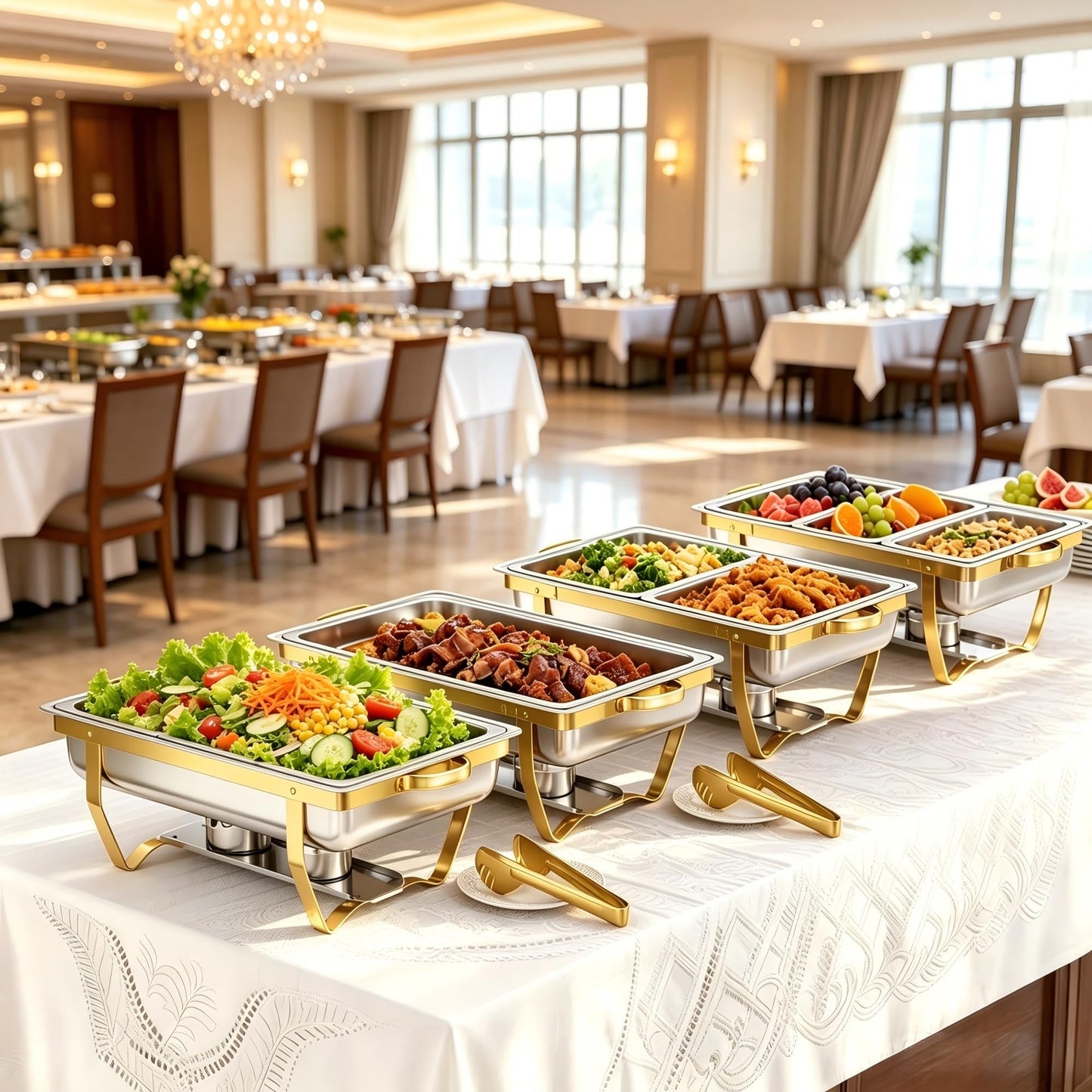 4 Pack Stainless Steel Chafing Dishes for Buffet, 9 QT Capacity 7 Pans Food Warmers for Parties, Weddings, Events Hosting, Family Gatherings, Full Set Catering Server with Serving Utensils Accessories