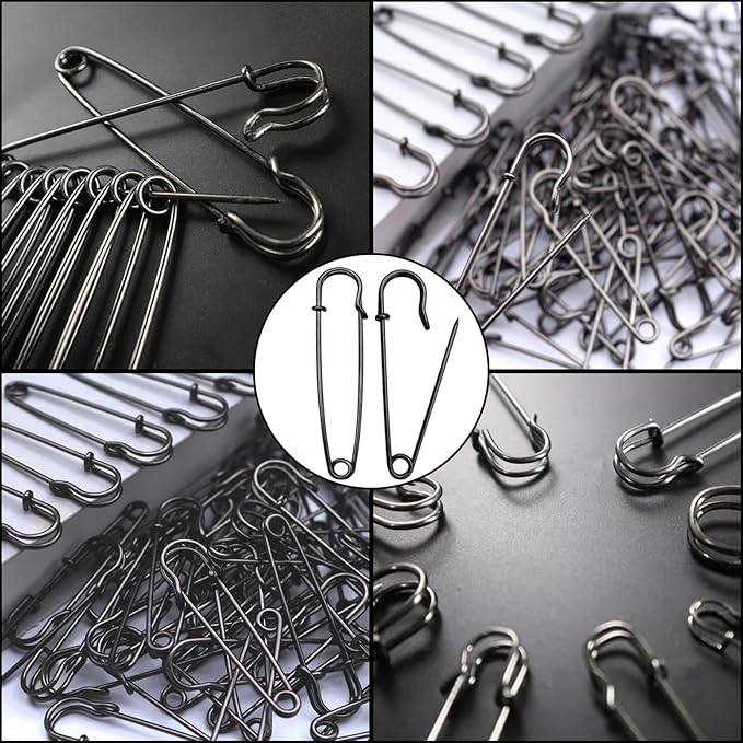 15Pcs Large Safety Pins, 4‘’ Heavy Duty Steel Safety Pins for Clothes, Ideal for Leather, Canvas, and Wool, Sharp Tip for Secure Hold, Perfect for Clothing, Diapers, Blankets, and More, Black