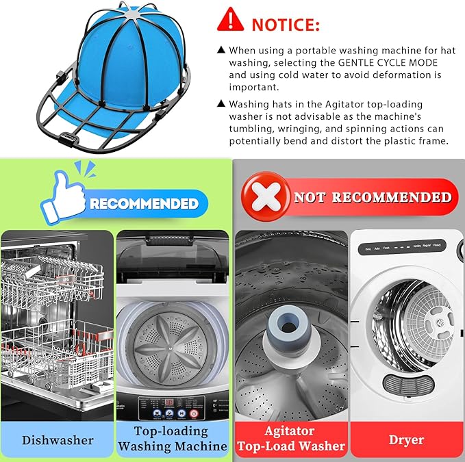 2 Pack Hat Washer Cage for Washing Machine Baseball Cap Washer for Dishwasher, Hat Racks Cleaner Holder for Adults and Kids Ball Hats Cleaning, Black