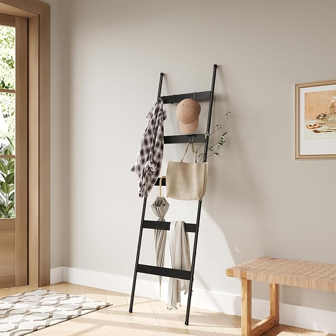 ELYKEN Blanket Ladder for Living Room, Farmhouse 5-Tier Quilt Holder with 4 Removable Hooks for Bathroom, Wood Towel Rack Display, Wall Anchor Leaning Decorative Stand for Home, Black