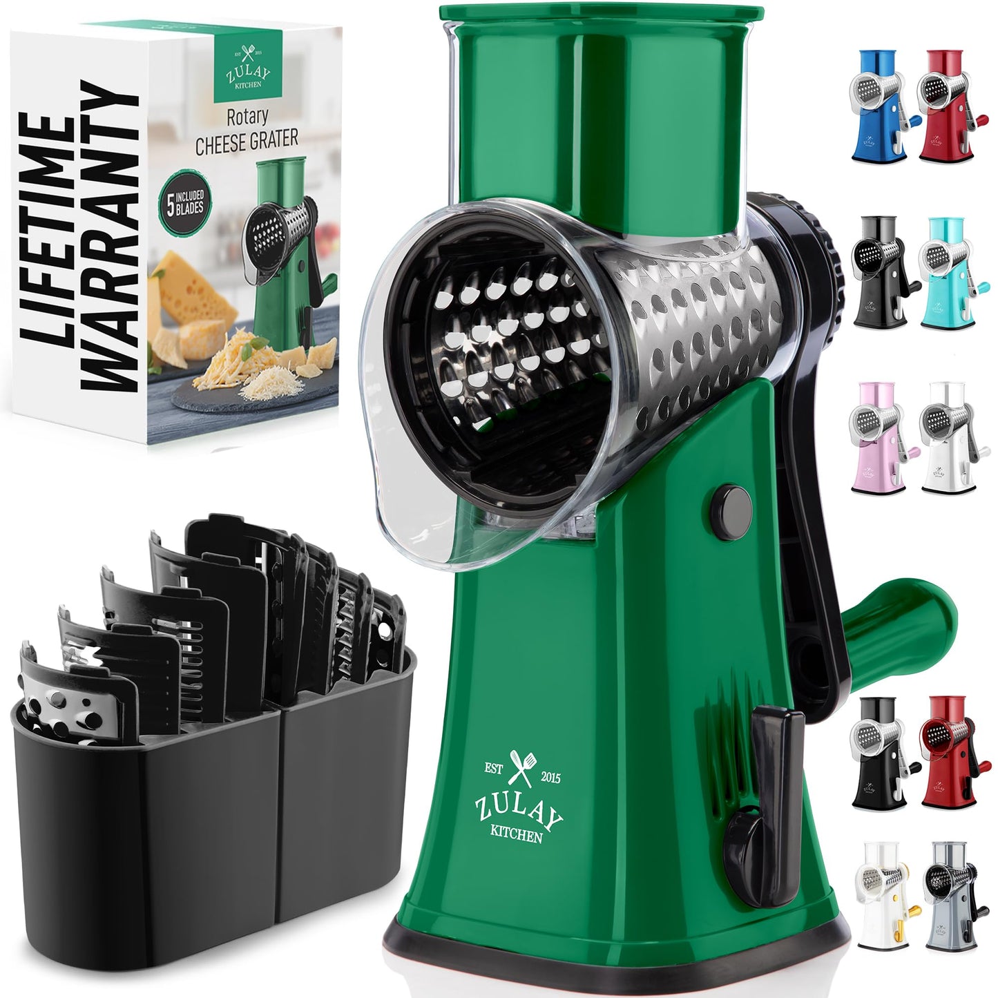 Zulay Kitchen Rotary Cheese Grater 5 Blade Cheese Shredder - Manual Hand Crank Cheese Grater With Reinforced Suction & 5 Interchangeable Drums - Easy to Use, Vegetable Chopper Round Mandoline Slicer