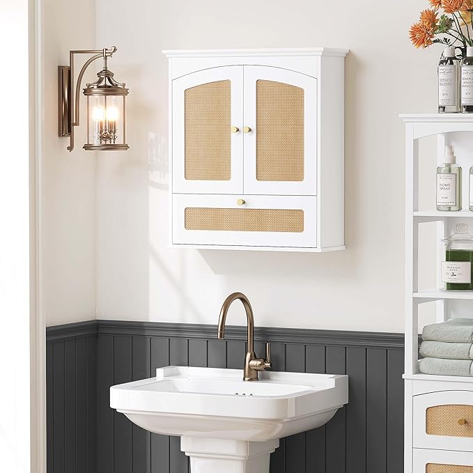 Spirich Bathroom Cabinet Wall Mount, Boho Medicine Cabinet for Bathroom, Over The Toilet Storage Cabinet with Rattan Doors and Tilt-Out Cube