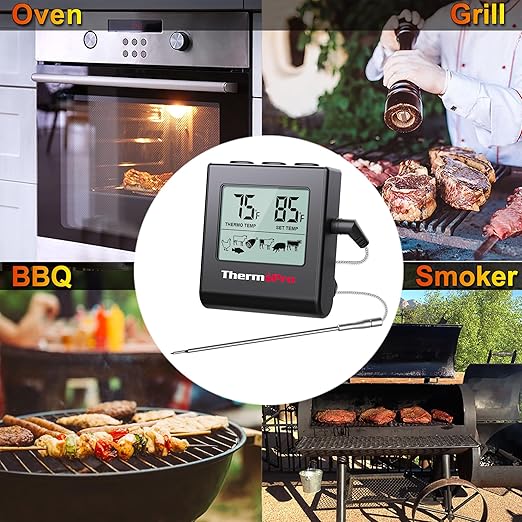 TempPro TP16H Large LCD Digital Meat Thermometer for Cooking, Smoking, Grilling, BBQ Food Thermometer with Clock Timer and Stainless Steel Probe, Black