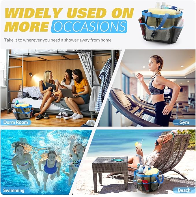 Mesh Shower Caddy Portable for College Dorm Room Essentials with 8 Pockets, Shower Bag for Beach, Swimming, Gym, Travel, Bathroom(Blue)